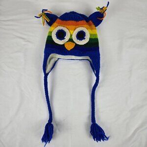 Vive Bien Youth Sized Knit Hat Colorful Owl Wool Outer Layer Long Tassel Ties